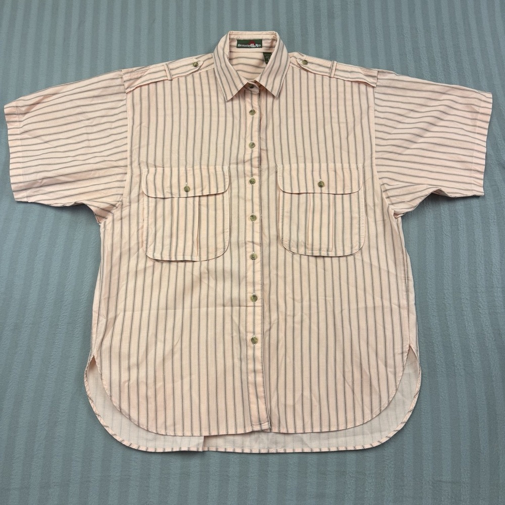 Outback Red Vintage Safari Womens Button Shirt Size M Pink Striped Short Sleeve